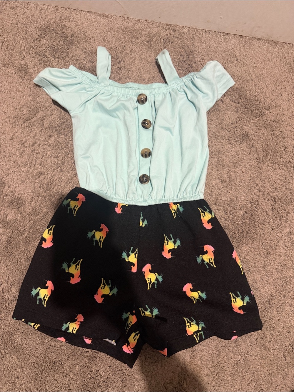 One Step Ahead Mint Off-Shoulder Romper with Black Unicorn Print Shorts